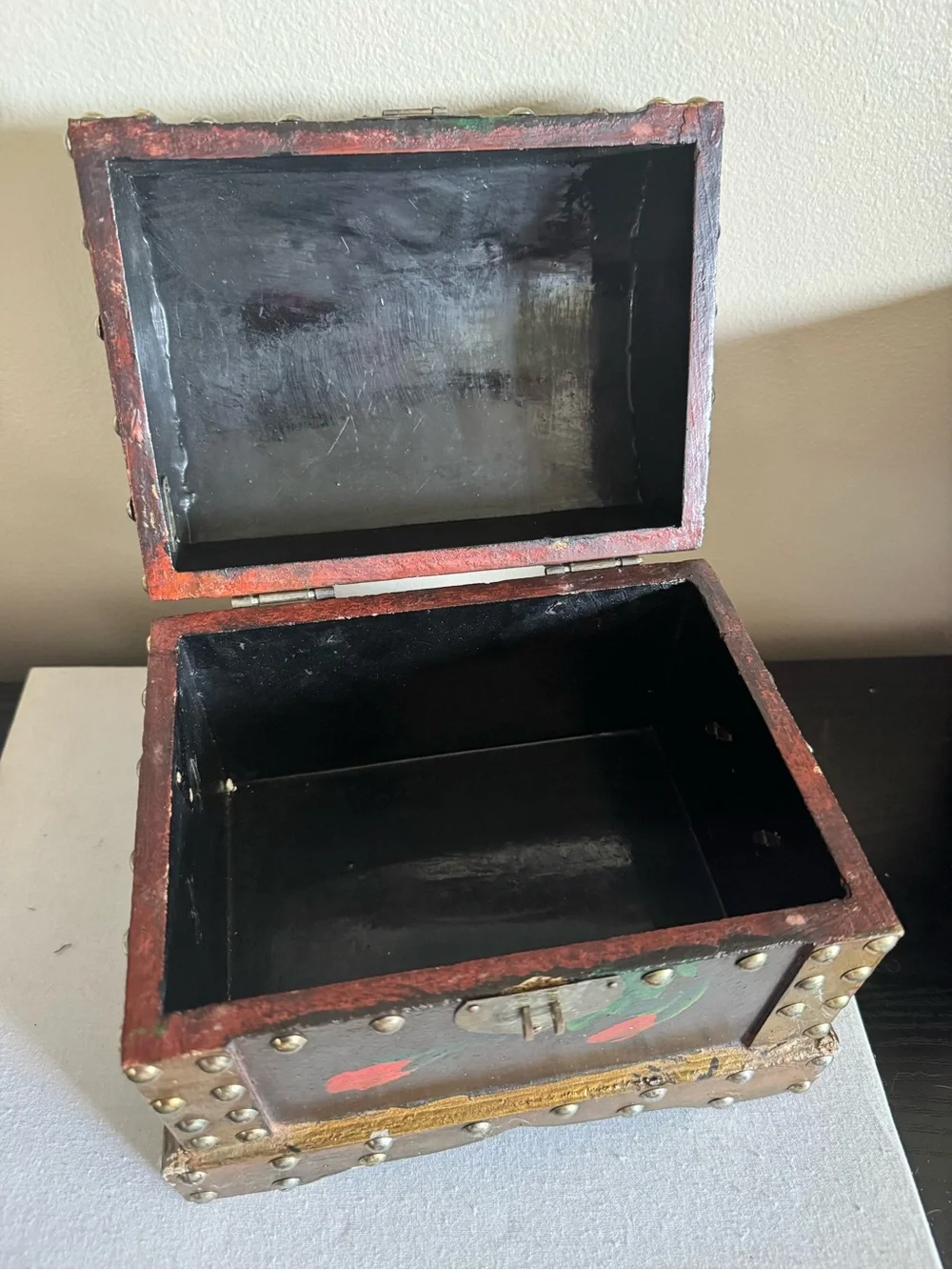Vintage Floral Painted Wood Trinket Chest Box